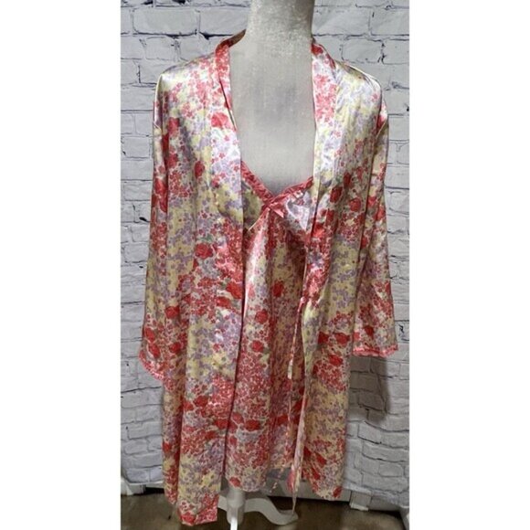 Adonna Vintage Satin Nightgown & Robe Pink Floral Silky Belted Size Large - Picture 10 of 16